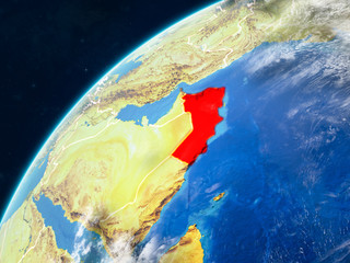 Oman on realistic model of planet Earth with country borders and very detailed planet surface and clouds.