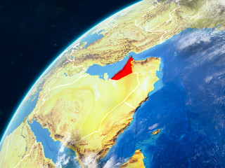 United Arab Emirates on realistic model of planet Earth with country borders and very detailed planet surface and clouds.