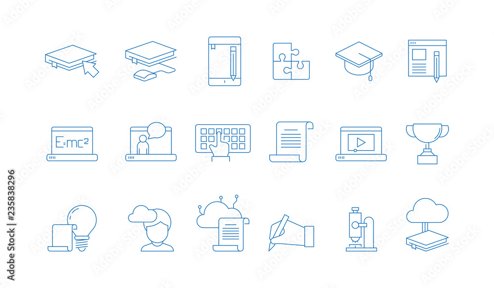 Poster online education icons. training study courses college special school with web computer distance tut