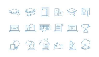 Online education icons. Training study courses college special school with web computer distance tutorials vector linear symbols. Distance training education, icon linear learn illustration