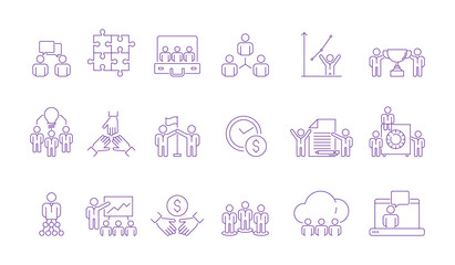 Coworking team group icon. Coordinate working business people management team building together helping vector outline pictures. Team group, leadership and partnership coworker illustration