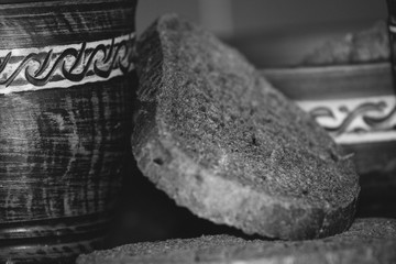 still life ceramic patterned dishes and bread
