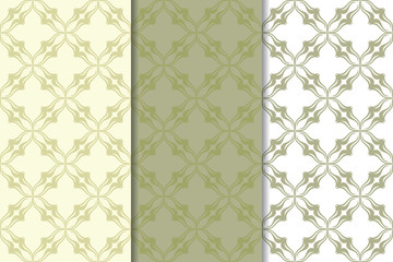 Set of pale olive green floral backgrounds. Seamless patterns