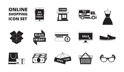 Online store icon. Web shopping online pay cards money and discount cards retail markete-commerce products vector black symbols. Illustration of store and retail, e-commerce monochrome silhouette