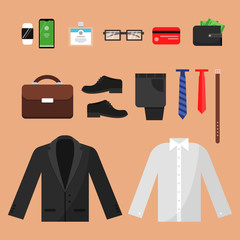 Business clothes. Fashion for office managers male pants shirt watches belt socks and other vector top view items isolated. Male fashion shoes and phone, belt and clock illustration