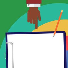 Business concept Empty template copy space isolated Posters coupons promotional material. Hu analysis Hand Pointing Down to Clipboard with Blank Bond Paper and Pencil
