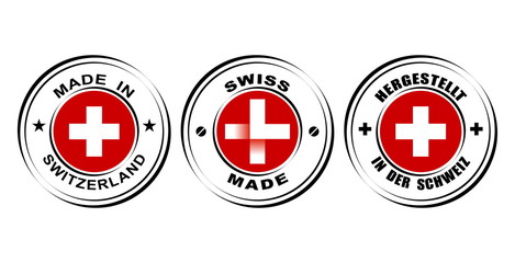 Round label Made in Switzerland with flag,  Swiss made with watch icon