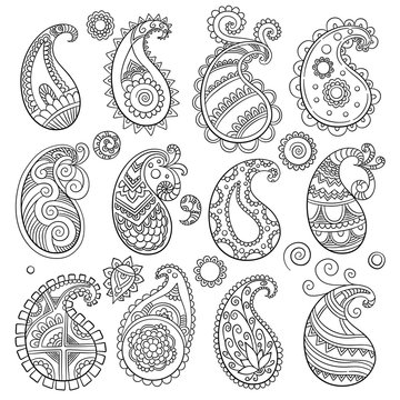 Simple paisley pattern. Traditional eastern culture decoration textile elements isolated on white background. Paisley pattern, traditional shape oriental illustration line