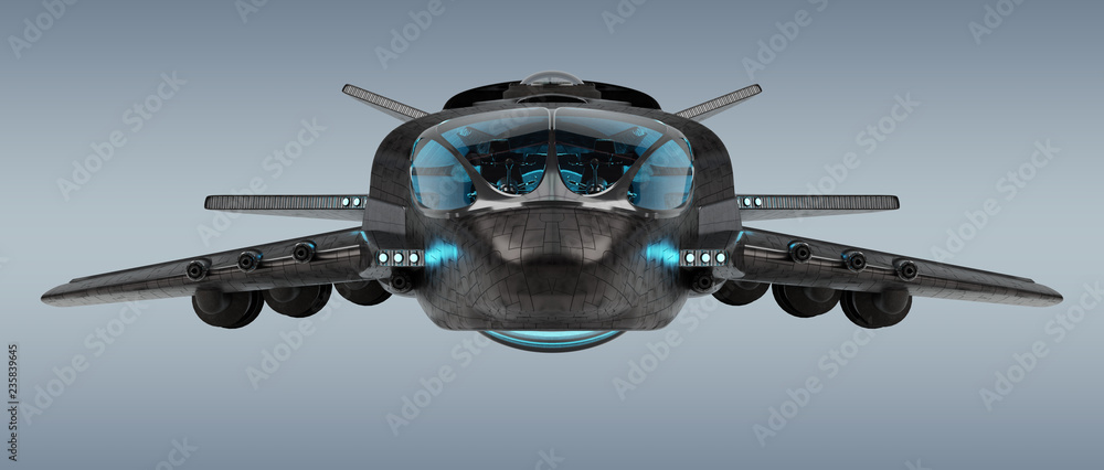 Poster futuristic spacecraft isolated on grey background 3d rendering