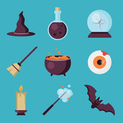 Set of Halloween flat icons isolated on blue background. Collection of Witch's hat, Potion, Magic ball, Witch broom, Potion Pot, Zombie eye, bat, candle, Magic wand in flat style. Witch elements
