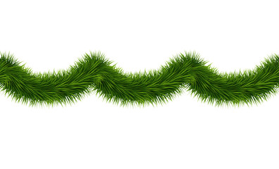 Detailed wide christmas garland. Seamless xmas border with fir branches isolated on white background. Vector decoration for holiday designs.