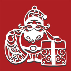 Santa Claus holding Christmas bag and gift for laser cutting. New Year card