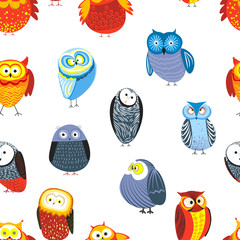 Owls cartoon kid funny characters with feather ornament seamless pattern.
