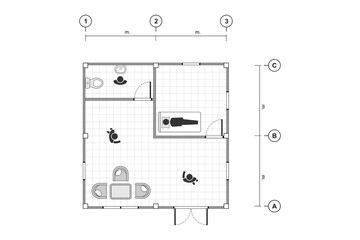 Top view, black and white outline drawing, home plan simple flat with line grid, vector illustration