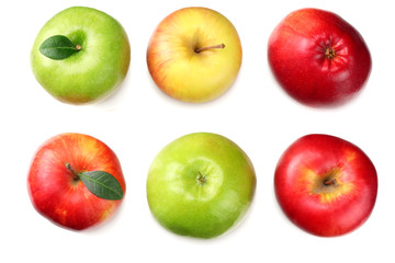 green and red apples isolated on white background. top view