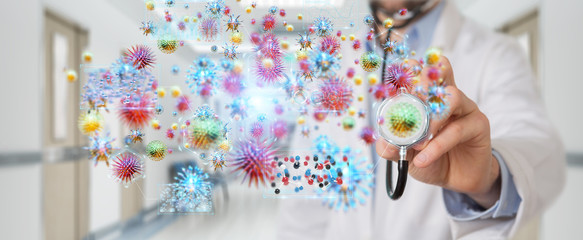 Doctor using digital nanobot virus 3D rendering