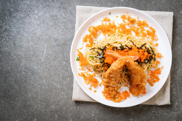 spaghetti with tempura shrimps and shrimp egg