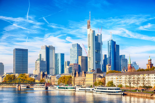 Skyline cityscape of Frankfurt, Germany during sunny day. Frankfurt Main in a financial capital of Europe.