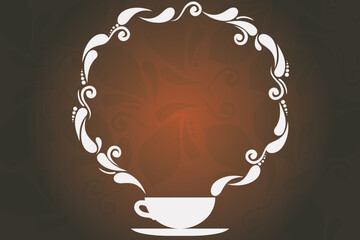 Business concept Empty template copy space isolated Posters coupons promotional material. Cup and Saucer with Paisley Design as Steam icon on Blank Watermarked Space