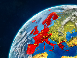 Western Europe on realistic model of planet Earth with country borders and very detailed planet surface and clouds.
