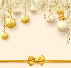 Fototapeta na wymiar Yellow Christmas and New Year card with fir branches, Christmas balls and satin bow.