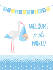 Baby Shower boy card. Vector. Baby boy design. Cute blue banner with newborn kid, stork, polka dot, flag. Birth party background. Happy greeting poster. Welcome template invite. Cartoon illustration.