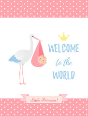 Baby Shower boy card. Vector. Baby boy design. Cute blue banner with newborn kid, pram, polka dot, flag. Birth party background. Happy greeting poster. Welcome template invite. Cartoon illustration.