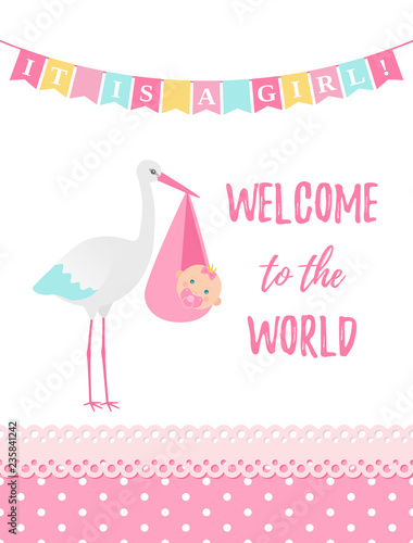 Baby Shower Girl Card Vector Baby Girl Design Cute Pink Banner