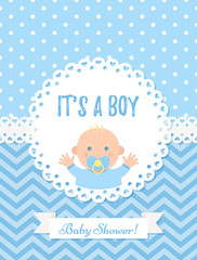 Baby boy card. Vector Baby Shower boy design. Cute blue banner. Birth party background. Happy greeting poster. Welcome template invite with newborn kid, polka dot, zig zag. Cartoon illustration