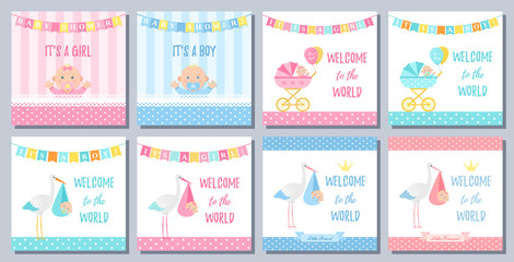 Baby Shower boy girl card. Vector. Sweet pink blue banner with newborn kid, stork, flag, polka dot. Baby girl boy design. Birth party poster Cute template invite background Pastel cartoon illustration