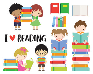 Vector illustration of school boys and girls reading and carry books. Kids reading books in school library.