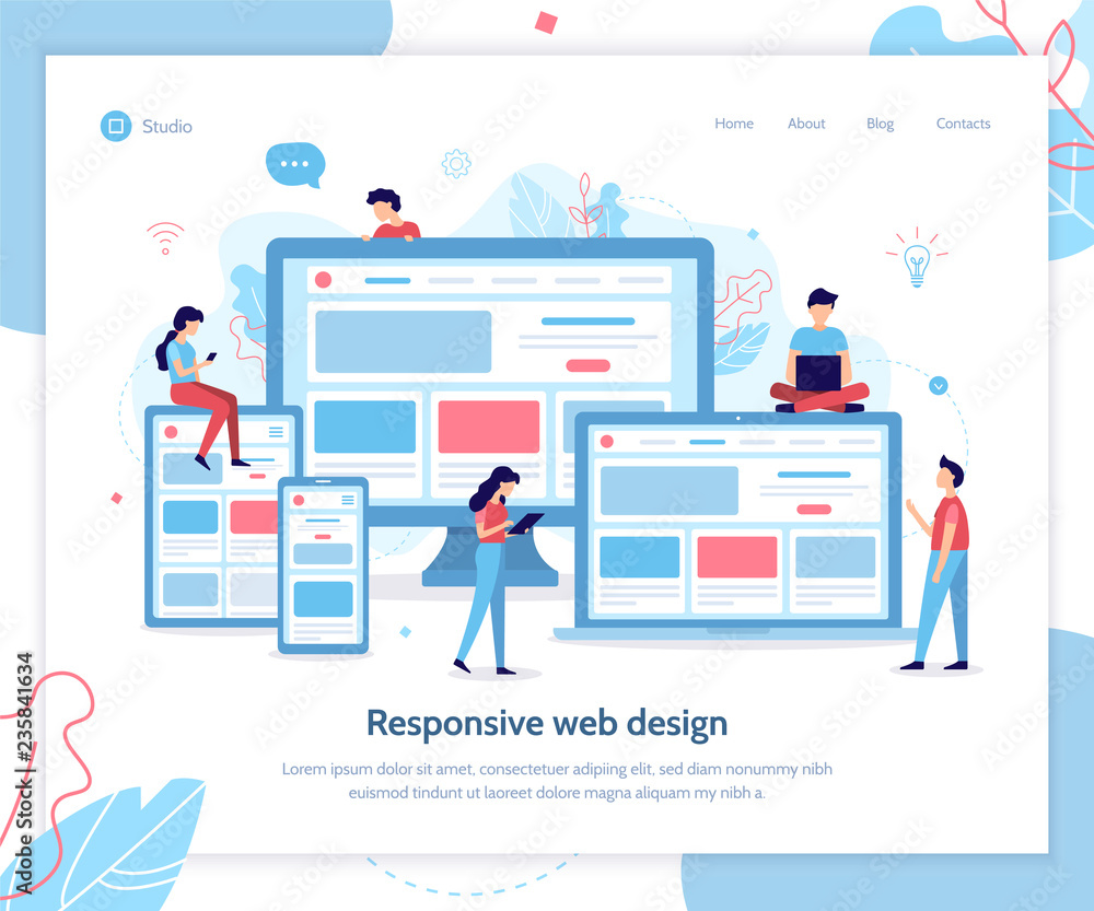 Fototapete Development of web design for different devices. Landing page template. Responsive design. Flat vector illustration.