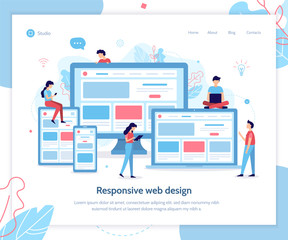 Development of web design for different devices. Landing page template. Responsive design. Flat vector illustration.