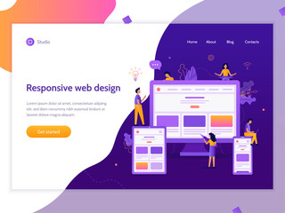 Developers create responsive web design for different devices. Web banner template. Website development. Business concept. Flat vector illustration.