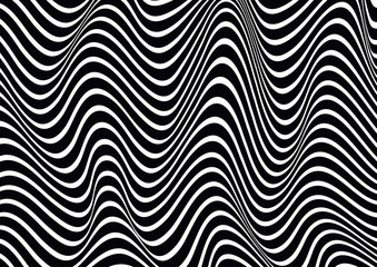 Abstract horizontal wavy geometric pattern. Vector texture with black and white waves, stripes. Dynamical 3D effect, illusion of movement. Modern monochrome background.