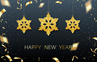 Happy New Year greeting card with golden shiny snowflakes and confetti.