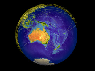Australia from space on Earth with country borders and lines representing international communication, travel, connections.