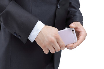 close up. businessman holding a smartphone.isolated on white