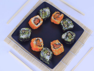 different types of Maki sushi on a black plate