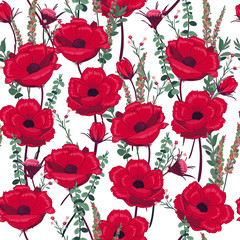 Fototapeta premium Beautiful seamless pattern. Bright botanical red florals blooming Motifs scattered random. Seamless vector texture. Printing with in hand drawn style