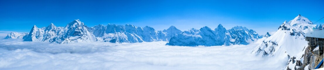 Stunning Panoramic view of snow mountain the Swiss Skyline from Schilthorn, Switzerland