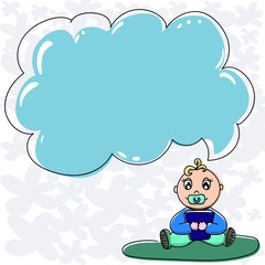 Design business Empty template isolated Minimalist graphic layout template for advertising . Baby Sitting on Rug with Pacifier Book and Blank Color Cloud Speech Bubble