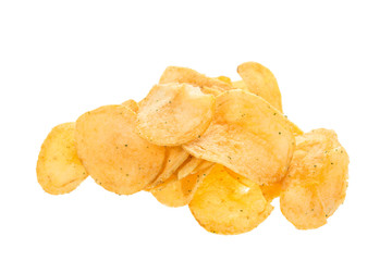 Fried salted potato chips isolated on white background.