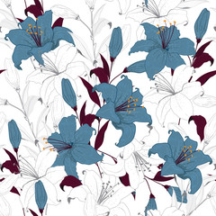 Beautiful outline Floral pattern lily flowers. Botanical  Motifs scattered random. Seamless vector texture. For fashion prints.
