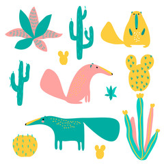 vector rose yellow blue ant-eater animal and cactus plant of South America element sticers set on white for stickers paper cloth