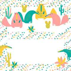 vector rose yellow blue ant-eater animal and cactus plant of South America invitation card  on white for stickers paper cloth