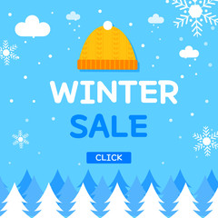 Winter sale vector poster design with Fur hat, Trees, white snowflakes and winter sale text for shopping promotion. Vector illustration.