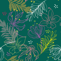 Vector seamless pattern. Summer colorful outline wild flowers on green  color background for fabric design, textile print,
