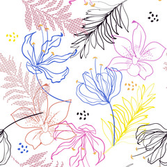 Seamless vector floral pattern. Wild flowers, muti-color outlines on white  background.