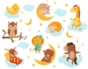 Stof per meter Wolken Schattige kleine dieren slapen onder een sterrenhemel set, mooie kip, kat, giraf, paard, beer, hert, uil slapen op wolken, welterusten ontwerpelement, zoete dromen vector illustratie
